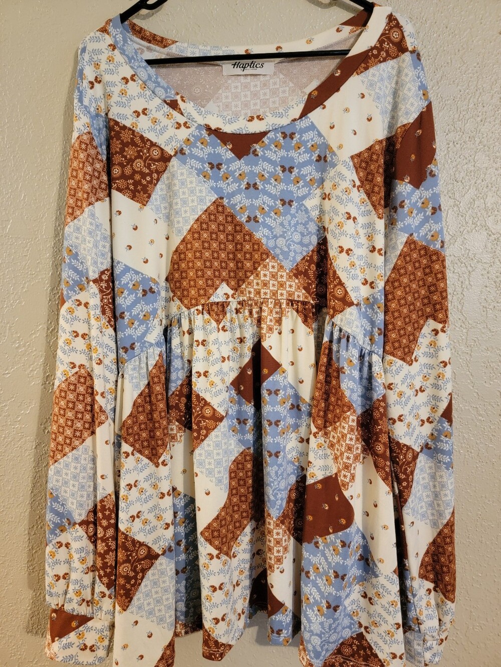 Womens' Patchwork Print Long-Sleeve Dress - Blue & Brown
